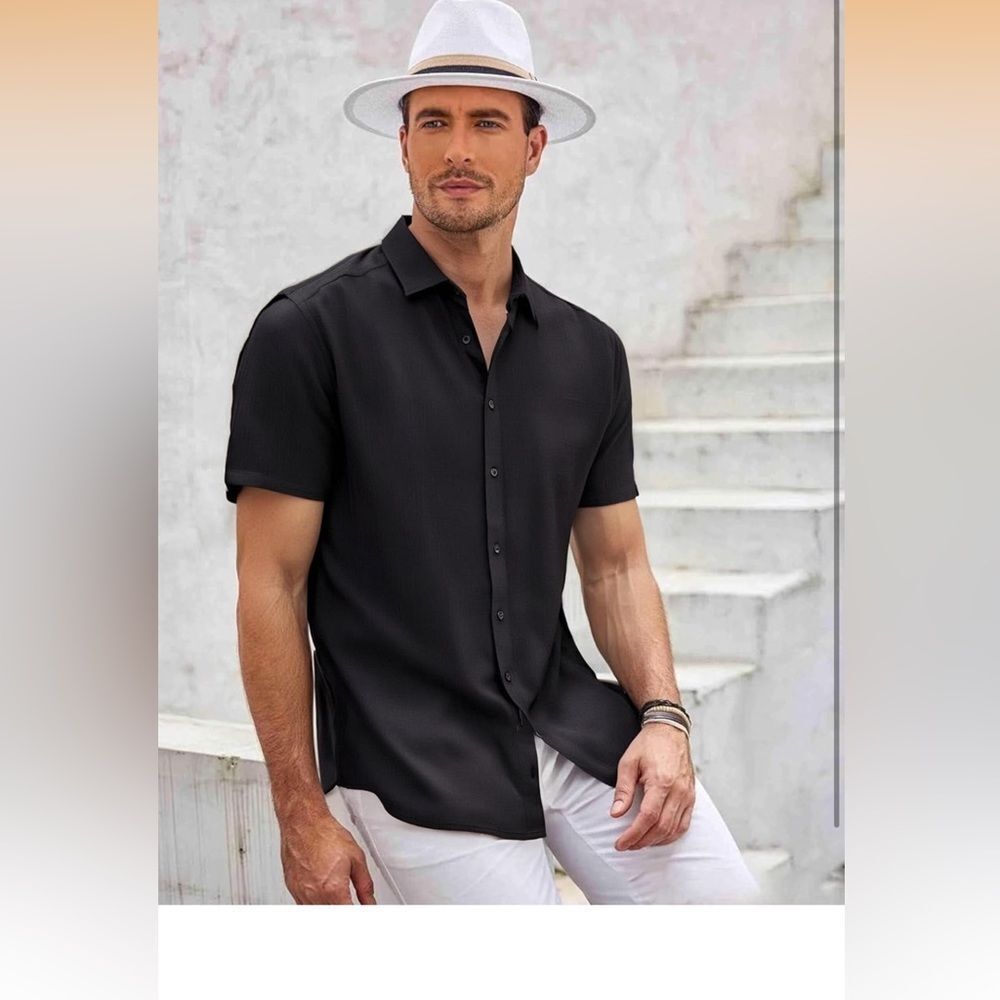 NWT Black Short Sleeve Button Down Shirt Cuban Collar Anti-Wrinkle‎ Shirt